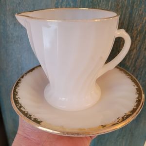 Vintage Anchor Hocking Creamer & Fire King Saucer ~ Milk Glass Gold Trim ~ EUC